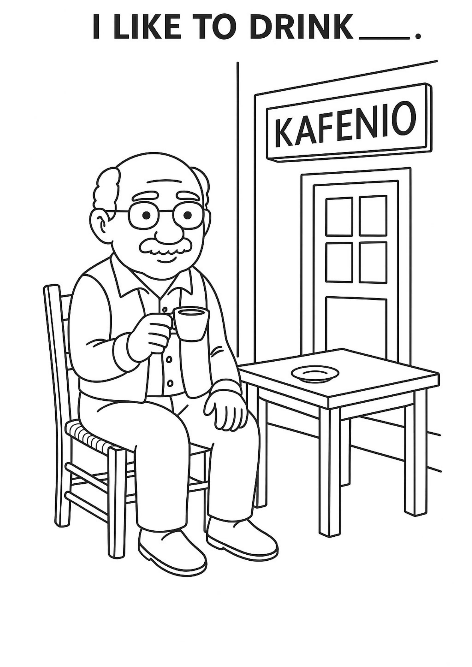 Sample coloring page: I like to drink - Grandfather at the kafenio coffee shop